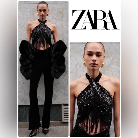 Zara Black Fringed Sequin Halter Neck Jumpsuit - Picture 1 of 16